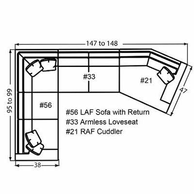 Layout J: Three Piece Sectional 95" x 147" x 47"  (Size varies due to arm selection)