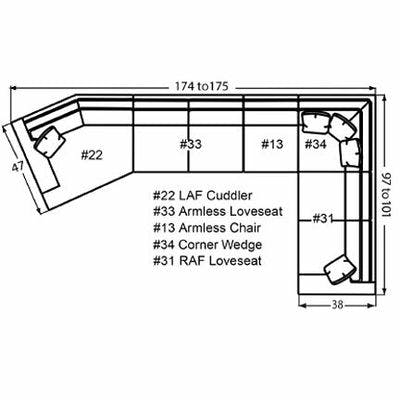 Layout M: Five Piece Sectional 47" x 174" x 97"  (Size varies due to arm selection)