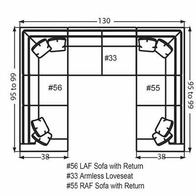 Layout O: Three Piece Sectional 95" x 130" x 95"  (Size varies due to arm selection)
