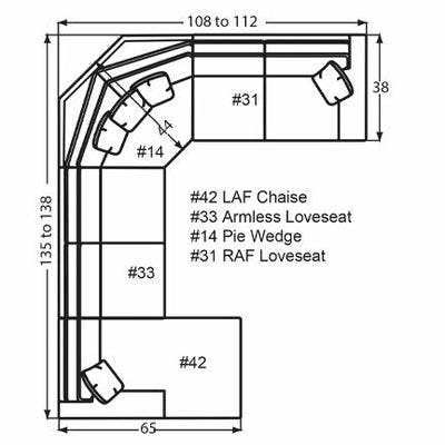 Layout R: Four Piece Sectional 65" x 135" x 108"  (Size varies due to arm selection)