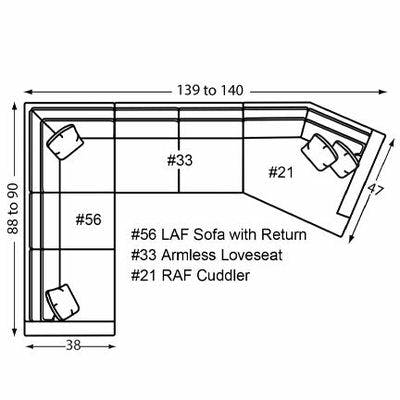 Layout H: Three Piece Sectional 88" x 139" (Size varies due to arm selection)