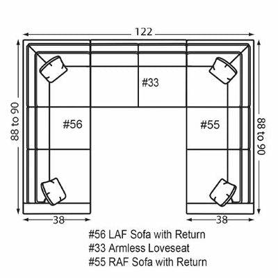 Layout I: Three Piece Sectional 88" x 122" x 88" (Size varies due to arm selection)