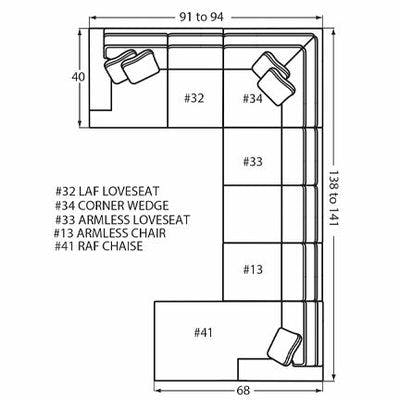 Layout I: Five Piece Sectional 91" x 138" x 68" (Size varies due to arm selection)